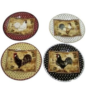 Set:4 SAKURA Rooster Polka Dot Plates farmhouse rustic barn animal motif chicken